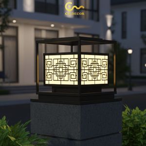 Wave Pattern LED Garden Pillar <b>Light</b>, 17" Black Powder-Coated Steel Outdoor <b>Post</b> Lamp, Warm Landscape Lighting for Villa - Product Image 5