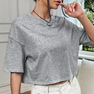 Camiseta Corta Oversize de Algodón Grueso con Hombros Caídos para Mujer, Color Gris Jaspeado, Estilo Boxy - Product Image 1
