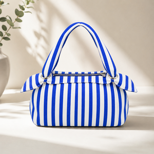 Blue White Striped Casual Canvas <b>Women</b> <b>Messenger</b> <b>Bag</b> Shoulder Handbag Zipper Closure Bowknot Purse for Daily Use - Product Image 1