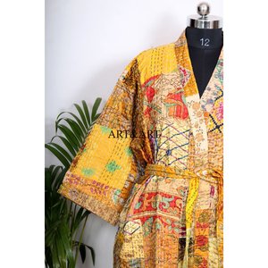 Kimono vintage en soie indienne fait main, style sari Kantha, pour femme, robe patchwork, robe de nuit maxi, robes en coton, kimono - Product Image 3