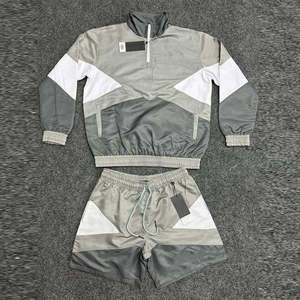 Unisex Sporty Tracksuit <b>Set</b> <b>Colour</b> Blocking Pullover Drawstring Shorts Quick Dry Polyester Adult Spring Wear - Product Image 4