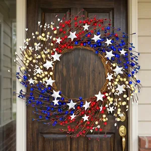 Patriotic Twig Wreath Packed With Red White And Blue Berries And Bold White Stars, Perfect Fourth Of July <b>Front</b> <b>Door</b> <b>Decoration</b> - Product Image 5