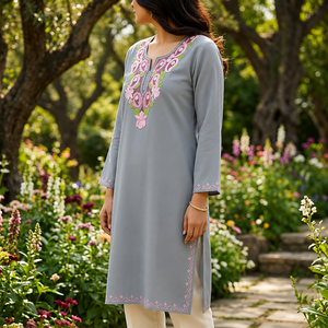 Steel Grey Kashmiri Pheran <b>Kurti</b> with Pink Paisley Embroidery Buy Direct From Designer - Product Image 1