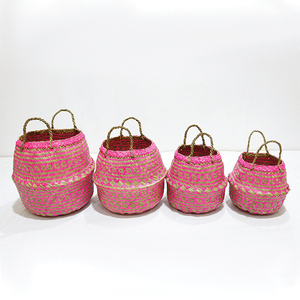 Trending Durable Circle Natural Palm Leaf Eco-friendly Pink <b>Storage</b> Basket Laundry <b>Hamper</b> - Product Image 1