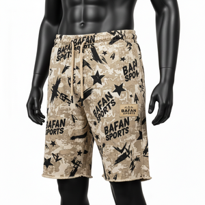 Shorts pour hommes en coton polaire premium délavé à l'acide 320 GSM, beige, camouflage sable, noir, logo imprimé graphique - Product Image 4