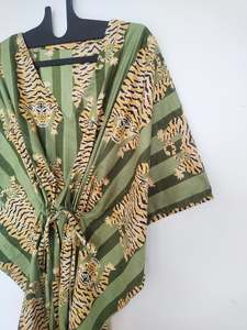 Vestido Kaftán de Algodón con Estampado de Tigre Verde Hecho a Mano, Kimono Indio, Túnica Ligera, Ropa Bohemia para Vacaciones - Product Image 4