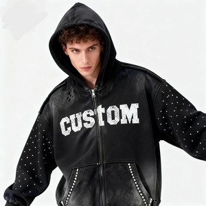 Sudadera con capucha de invierno para hombre, con cremallera completa, de algodón lavado, estilo vintage, con lavado ácido, de peso pesado, oversize, con pedrería y detalles de cristal - Product Image 5