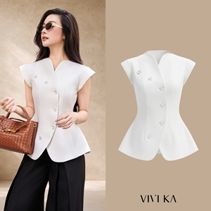 Women's <b>White</b> Collarless Tailored Vest Cap Sleeve Button Front Elegant Office <b>Waistcoat</b> Solid Color YONA - Product Image 1