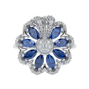 Luxury Blue Sapphire Marquise & White DiamondFlower Cocktail <b>Ring</b> Featuring Accents and <b>Plain</b> High End Polish Band in White Gold - Product Image 1