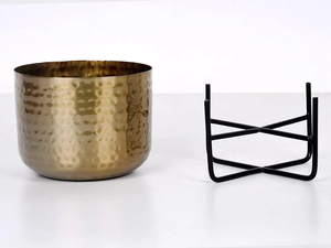 Pot en verre martelé en métal (pot doré avec support rond noir) pour plantes de table, décoration de la maison et du bureau - Product Image 4