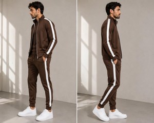 Men Tracksuit Solid Color Brown Full <b>Zip</b> Jacket Crew Neck T-<b>Shirt</b> Jogger Pants Breathable Casual Autumn Wear Regular Fit - Product Image 2