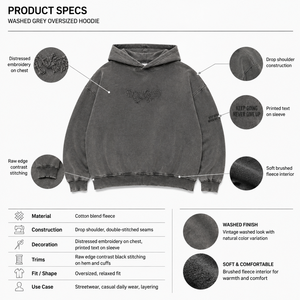 OEM Custom Washed Grey <b>Oversized</b> <b>Hoodie</b> Heavyweight Pullover with Raw Edge Black <b>Stitching</b> Distressed Embroidery - Product Image 5