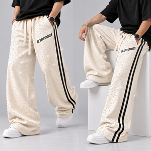 Custom Men Rhinestone Wide Leg Sweatpants Side Stripe <b>Baggy</b> <b>Track</b> <b>Pants</b> Relaxed Fit Streetwear Drawstring Wholesale Supplier - Product Image 3