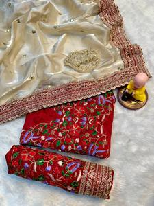 Sari Tradicional Étnico Indio de Seda Georgette con Bordado para Bodas, Fiestas y Eventos Festivos para Mujeres - Product Image 6