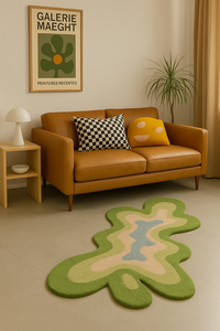 Custom Luxury green and cream Wool Rug Hand Tufted Abstract Wave Design <b>Carpet</b> for Modern and Minimalist Interiors - Product Image 3