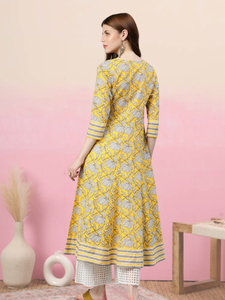 Kurta Anarkali pour femme en coton cambriqué jaune citron à imprimé floral, col en V, manches trois-quarts, style ethnique mondial - Product Image 6