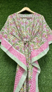 Robe Kaftan en Coton Imprimé Floral Rose pour Femme, Faite à la Main, Style Bohème, Manches Courtes, Coupe Ample, Élégante, Automne/Printemps - Product Image 2
