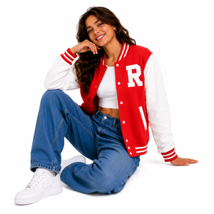 Beige White Wool Windproof Varsity Jacket Embroidered Letter B Preppy Style Regular Fit Turn-down Collar <b>Covered</b> <b>Button</b> Unisex - Product Image 3