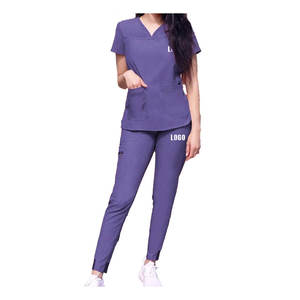 Conjunto de Uniforme Médico Unisex Morado con Cuello en V, Bolsillos Laterales, Cintura Elástica, Tela Ligera de Sarga, con Detección de Agujas, para Uso Hospitalario, Casual, Verano - Product Image 1