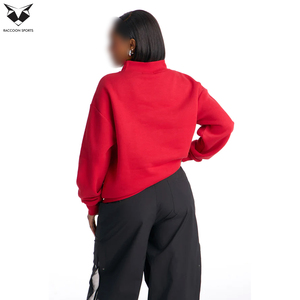 Sweat-shirt à col montant pour femme, couleur rouge unie, manches longues, coupe oversize, en polaire, chaud, décontracté, streetwear, mode hiver - Product Image 2