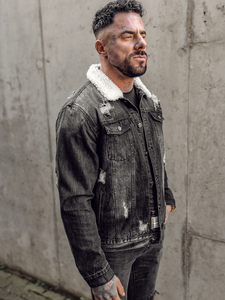 Men's Washed Denim Jacket With Faux <b>Fur</b> Collar Button Closure Regular Fit Casual Style Autumn Wear - Product Image 2