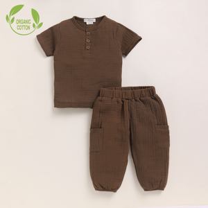 Organic Muslin Short Sleeve Henley T-Shirt With Lounge Pant Set Premium Quality Cocoa Whisper-Baby Clothing - Product Image 1