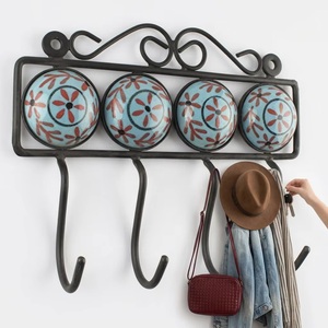 Rustic Metal <b>Wall</b> <b>Hook</b> <b>Rack</b> with 4 <b>Hooks</b> and Floral Ceramic Tiles for Home Decor - Product Image 2