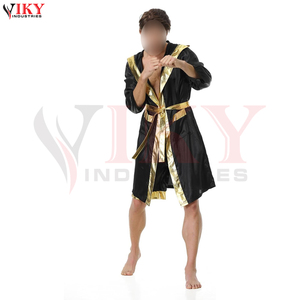 Peignoirs de boxe en satin noir pour hommes, lavables en machine, OEM/ODM, qualité supérieure, pour adultes, avec ceinture, robe d'entrée de combat - Product Image 4
