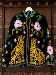 Luxurious Feel Tiger Embroidered <b>Velvet</b> Jacket Black Floral Boho <b>Coat</b> Artisan Suzani Everyday Bohemian Looks Statement Outerwear - Product Image 2