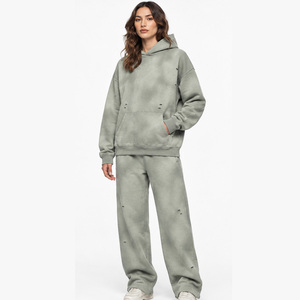 Ensemble de survêtement vintage personnalisé pour femme, effet délavé, respirant, sweat-shirt et pantalon de jogging de qualité supérieure, streetwear décontracté - Product Image 1