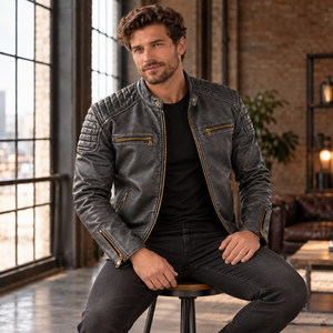Chaqueta de Cuero Genuino Gris para Hombre, Estilo Motero, con Hombros Acolchados y Cierres Dorados, Chaqueta Moto con Relieve, Prenda Exterior de Moda - Product Image 6