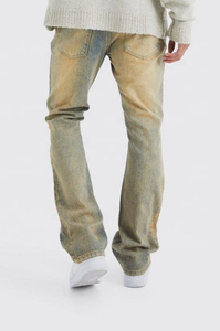 New Antique Wash Slim Flare Rigid PU Biker Rip and Repair Denim <b>Jeans</b> for Men Stylish Stacked Black Distressed Denim <b>Jeans</b> - Product Image 3