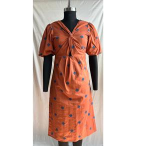 Hermoso y Elegante Vestido Midi de Fiesta para Mujer, con Cuello en V, Corte en A, Mangas Abullonadas, Transpirable, Mezcla de Viscosa y Lino, Estampado - Product Image 1