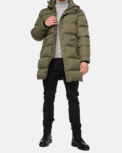 Manteau d'hiver long à capuche pour homme, en duvet, couleur olive, fermeture éclair épaisse, couleur unie - Product Image 2