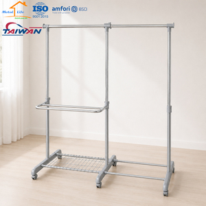 Porte-vêtements à roulettes robuste à double rail en métal avec étagère à chaussures et barre porte-serviettes - Product Image 6