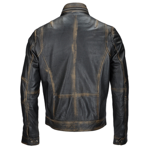 "MICAH CORPORATION: Men's Distressed Black Leather <b>Biker</b> <b>Jacket</b> with Quilted Shoulders, Multiple Zip Pockets, Stand Collar" - Product Image 3