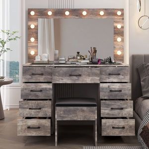 Large Lighted 12 LED Mirror Makeup Vanity Desk Set with 9 Drawers Glass Top Vanity Table with Power Outlet - Product Image 3