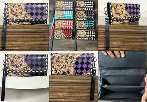 Portefeuille élégant en cuir de vachette de qualité supérieure, fait main, avec motifs floraux sculptés et motif à carreaux, pochettes pour femmes pour usage quotidien - Product Image 3