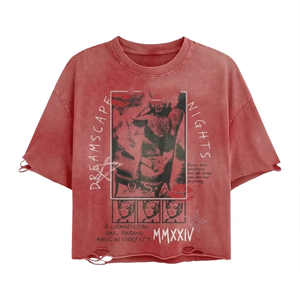Camiseta de Algodón 100% para Hombre, Corte Holgado, Estampada, Premium, 240 GSM, Lavado Ácido, Gráfico Rojo, Dobladillo Desgastado, Impresión Serigrafiada, Logotipo Personalizado - Product Image 1