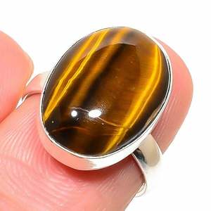 <b>925</b> Sterling <b>Silver</b> Plated Tiger Eye Stone Bezel Setting Boho Style Oval Shape Gemstone <b>Ring</b> for Unisex Wedding & Party Jewelry - Product Image 4