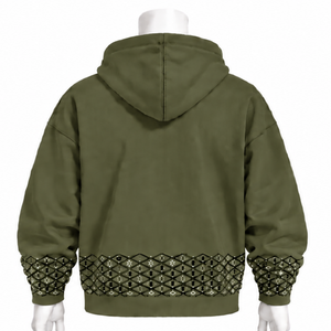 Sweat-shirt à capuche en molleton épais vert olive avec bordure brodée, ourlet et poignets géométriques, poche kangourou, tenue décontractée - Product Image 2