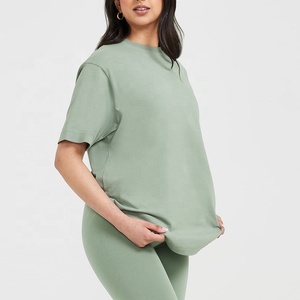 T-shirt surdimensionné vert uni à manches courtes et col rond en tricot, coupe décontractée pour femme - Product Image 2