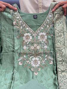 Designer Elegant Malai Glass <b>Tissue</b> With Kanjivaram Hand Work Jacquard Weaving Top And Pant With Duppta Ready To Wear Set - Product Image 4