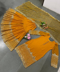 Modern Georgette Embroidery Sequined Potli <b>Button</b> Work Modest Simple Floor-Length Long Sleeve Top Sharara Dupatta 83318 Yellow - Product Image 2
