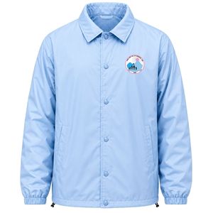 เสื้อแจ็คเก็ตโค้ชสีฟ้าอ่อนพร้อมโลโก้ลายตราสัญลักษณ์ เสื้อแจ็คเก็ตกันลมแบบลำลอง ปิดด้วยกระดุม เสื้อคลุมสำหรับผู้ชายและผู้หญิง สวมใส่ได้ทุกวัน - Product Image 1
