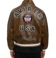Blouson aviateur en cuir véritable marron pour homme avec patch drapeau américain, col rabattable, fermeture éclair, coupe-vent automne, style moto