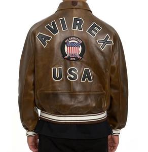 Men's <b>Brown</b> Genuine <b>Leather</b> Bomber <b>Jacket</b> With American Flag Patch Turn-down Collar Zipper Closure Autumn Windproof Moto Style - Product Image 2