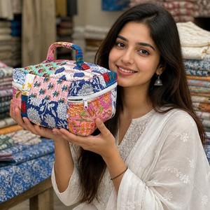 Panelled Cosmetic Bag Medium Size Bohemian Floral Print Zipper Closure Soft Handle Textile Material - Product Image 3