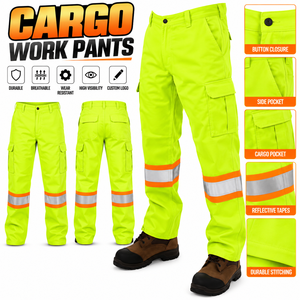Custom High Visibility Cargo Work <b>Pants</b> Reflective Safety <b>Hi</b> <b>Vis</b> Construction Industrial Workwear Trousers with Pockets - Product Image 1