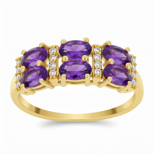 Anillo de compromiso de oro macizo de 14k con diamantes cultivados en laboratorio, corte ovalado, gema natural de amatista y conjunto de seis piedras en forma de barra. - Product Image 2